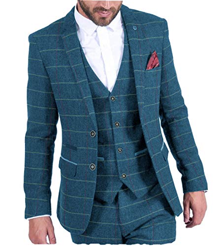Cavani Herrenanzug Beige 3 Teilig Kariert Tweed Design Wolle Vintage Retro Stil Tailored Fit